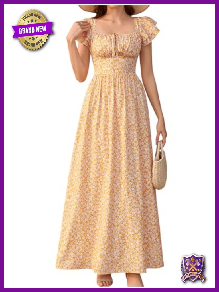 Square Neck Smocked Corset Maxi Dress With Short Sleeves Flowy A-Line